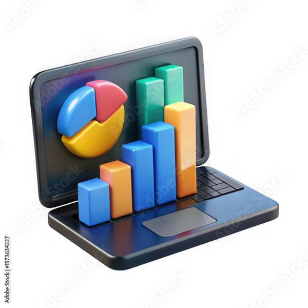 Fototapeta Photo of a laptop displays a pie chart and bar graph, symbolizing data analysis and business growth isolated on transparent background