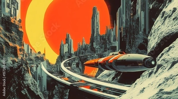 Obraz Spaceship Flying Above City in a Sci-fi Landscape with Orange Sky