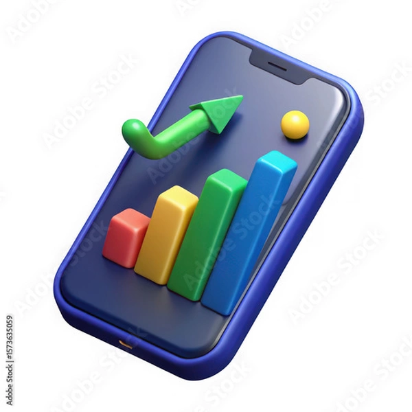 Fototapeta Photo of a smartphone displays a bar graph with an upward arrow, indicating business growth and success isolated on transparent background