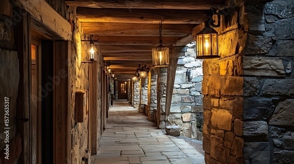 Obraz Stone Hallway with Lanterns and Wood Beams at Dusk