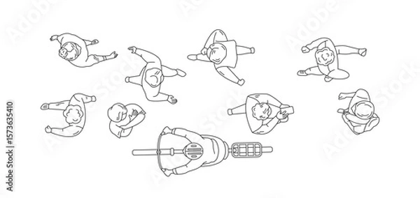 Fototapeta Line drawing of people viewed from above. Various individuals in casual outfits surround a person on a scooter on white background. Illustrative style.
