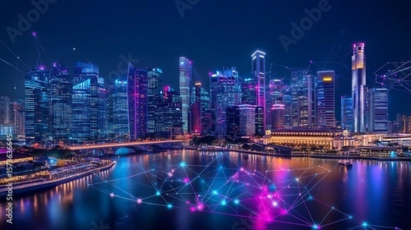 Obraz City Skyline at Night with Glowing Network Connection