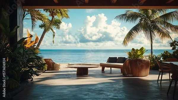 Obraz Relaxing Ocean View From Covered Patio with Tropical Plants