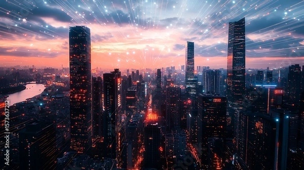 Obraz Cityscape at Night with Sky and Stream of Light Above, Aerial View