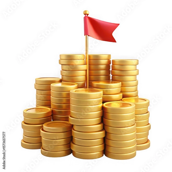 Fototapeta Photo of a stack of golden coins with a red flag symbolizes financial success and achievement isolated on transparent background