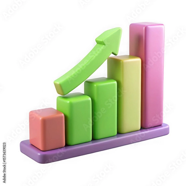 Fototapeta Photo of a colorful bar graph with a green arrow pointing upwards shows business growth and success isolated on transparent background
