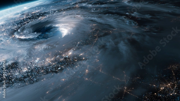 Obraz 台風の雲がかかる都会の夜景