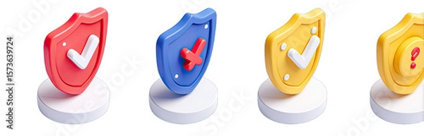 Fototapeta Three 3D shield icons, red, blue, and yellow, on white pedestals, showing check mark, X mark, and question mark