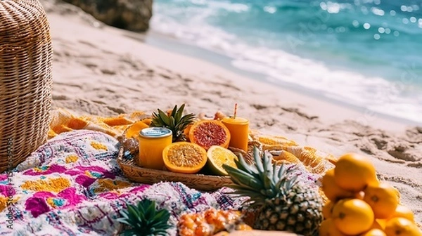 Obraz Picnic on Sandy Beach with Fresh Fruit and Tropical Drinks