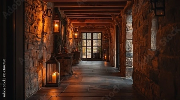 Obraz Hallway Lit by Lanterns Inside Stone Building
