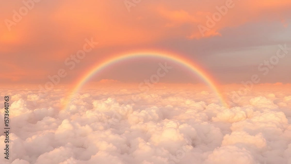 Fototapeta A pastel rainbow arches over a sea of fluffy clouds under a soft peach colored sky at sunset