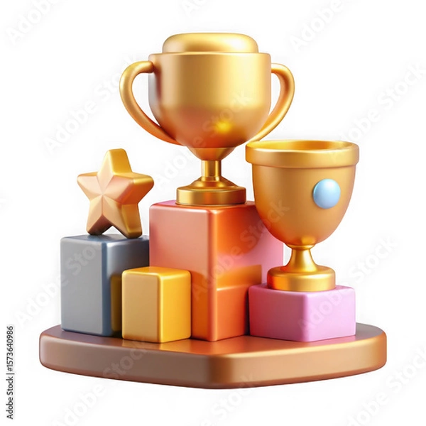 Fototapeta Photo of a golden trophy and star sit atop a podium, symbolizing success and achievement in 3d isolated on transparent background