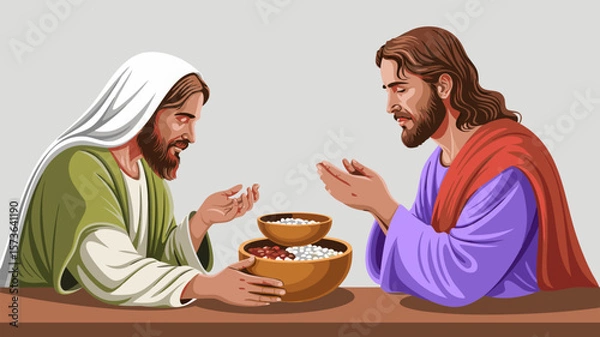Fototapeta Two Beared Men Pray Before Meal Representing Spiritual Unity And Thanksgiving For Blessings