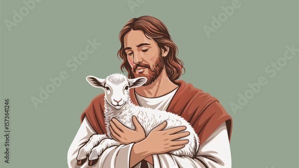 Fototapeta Illustration of a figure from religious art with a lamb showcasing compassion and tenderness
