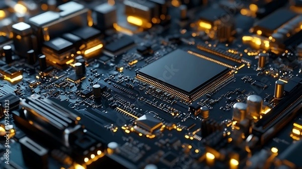 Obraz Circuit Board Close-up with Electronic Components and Glowing Detail