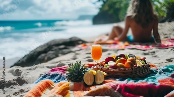 Obraz Enjoying Beach Picnic with Fresh Fruit and Drink at the Ocean