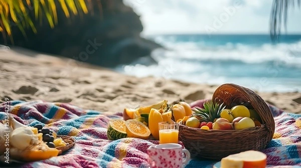 Obraz Beach Picnic with Fruit Basket and Ocean View on a Sunny Day