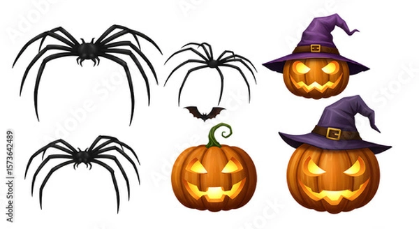 Fototapeta A collection of Halloween-themed illustrations featuring spooky spiders, a bat, and grinning jack-o'-lanterns with witch hats