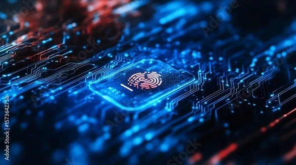 Obraz Digital Fingerprint Scanning on Glowing Circuit Board Closeup