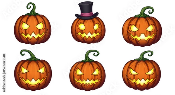 Fototapeta A collection of six spooky Halloween pumpkins with glowing eyes and menacing grins, set against a transparent background