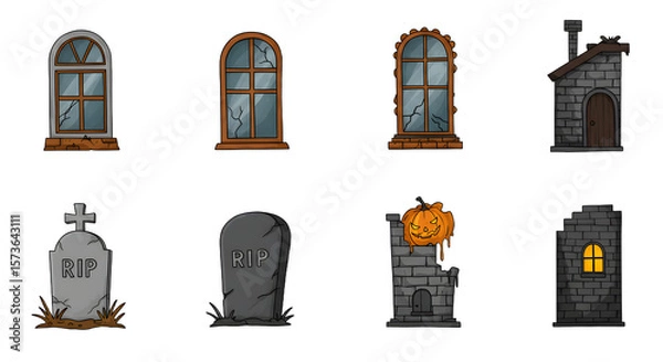 Fototapeta A collection of spooky Halloween-themed illustrations featuring broken windows, gravestones, and a haunted house with a pumpkin