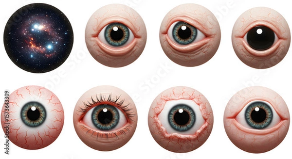 Fototapeta A collection of various eye designs showcasing different styles, colors, and textures against a cosmic background