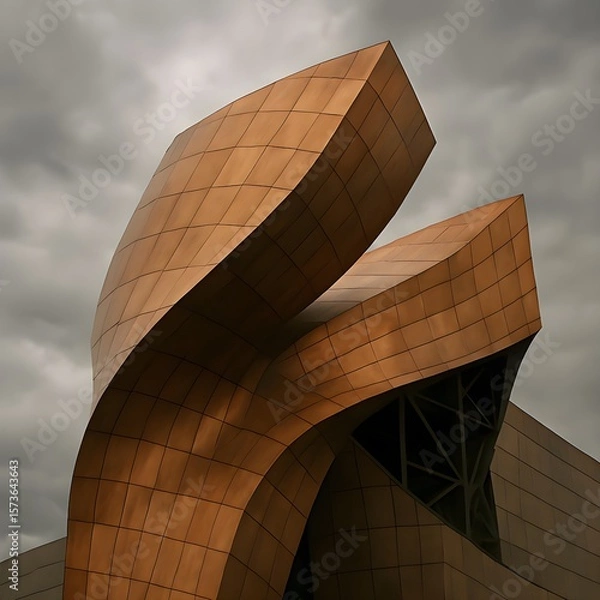 Obraz Twisted Copper Wings on the Façade of a Steel-Framed Museum Beneath Overcast Skies