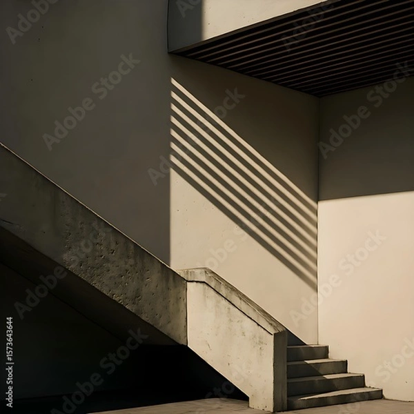 Obraz Outer Edge of a Minimalist Concrete Staircase with Diagonal Shadow Contrasts from Sun-Shading Slats