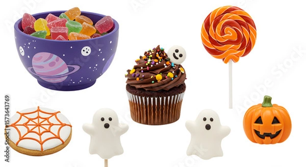 Fototapeta A colorful assortment of Halloween-themed treats including a cupcake, lollipops, and ghost-shaped candies in a festive bowl