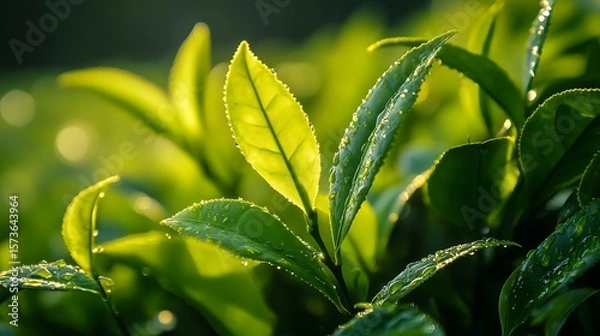 Obraz Fresh Green Leaves with Water Droplets Sparkling in Sunlight