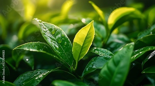 Obraz Close-up of Fresh Green Leaves with Water Droplets in Sunlight