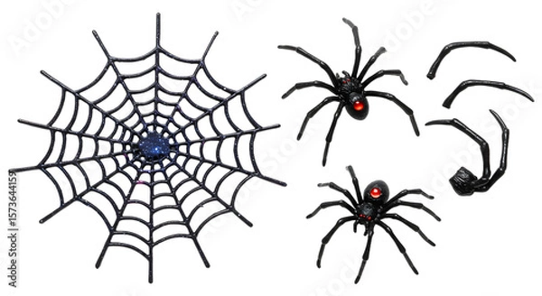 Fototapeta A detailed illustration of a spider web with multiple spiders, showcasing their intricate design and vivid colors against a transparent background