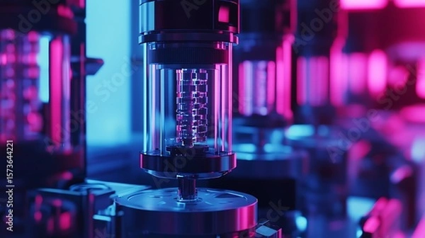 Obraz Automated System Assembly with Clear Cylinders and Neon Lighting
