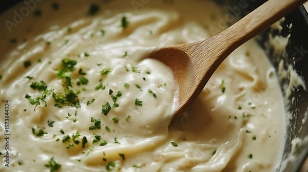 Obraz Stirring Creamy Sauce with Wooden Spoon and Parsley