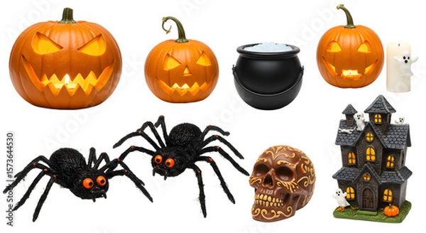 Fototapeta A festive Halloween display featuring carved pumpkins, spooky decorations, and a haunted house with ghostly elements