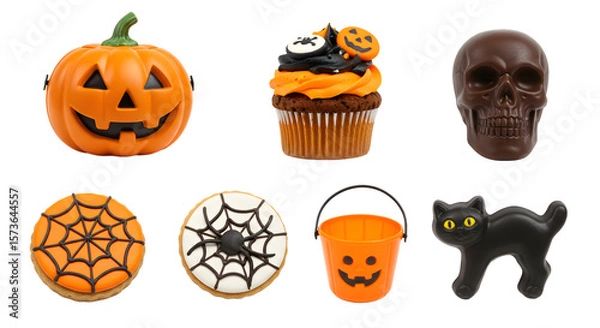 Fototapeta A festive Halloween display featuring various themed treats including a pumpkin, cupcakes, cookies, and a spooky cat