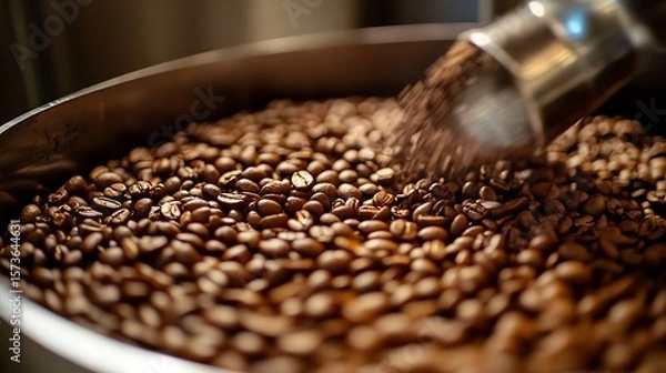 Obraz Roasted Coffee Beans Being Poured Into Large Container