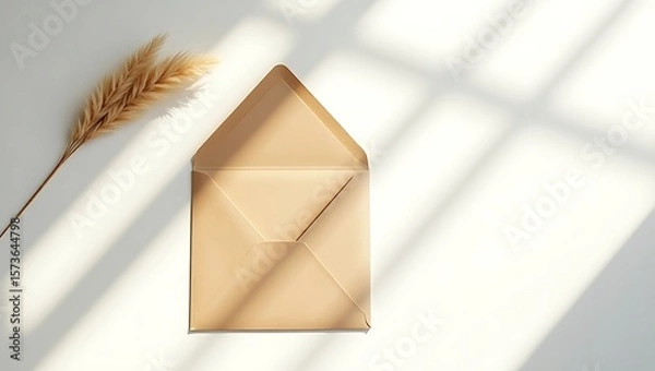 Obraz Open envelope mockup with pampas grass on white background for invitation card design and stationery 
