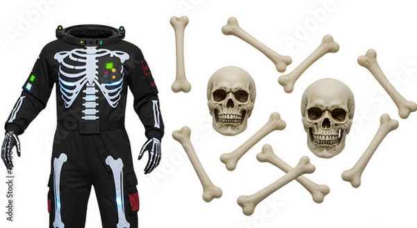 Fototapeta A Halloween-themed costume featuring a skeleton suit, surrounded by decorative skulls and bones, set against a neutral backdrop