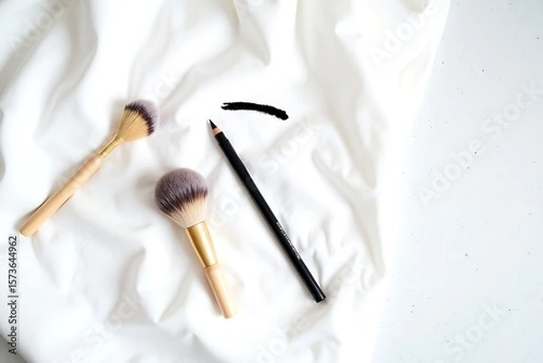 Obraz Flatlay of makeup brushes, eyeliner pencil and swatch on white fabric for beauty and cosmetics blog 