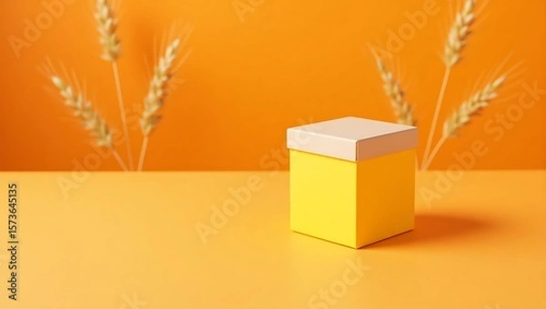 Obraz Yellow product display stand with wheat stalks for product showcase and presentation on orange background 