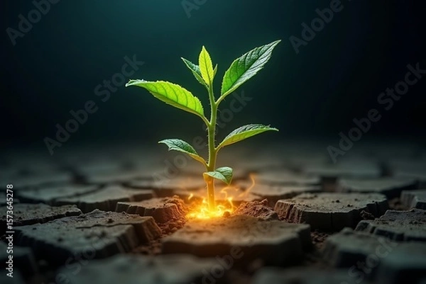 Obraz Growing plant sprout in cracked earth hope and resilience concept nature background new life and growth 