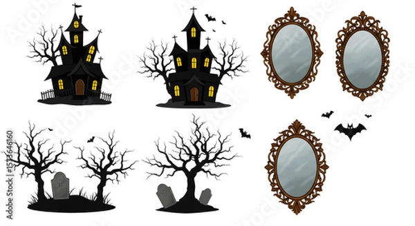 Fototapeta A spooky Halloween scene featuring haunted houses, eerie trees, and ornate mirrors with bats flying in the background