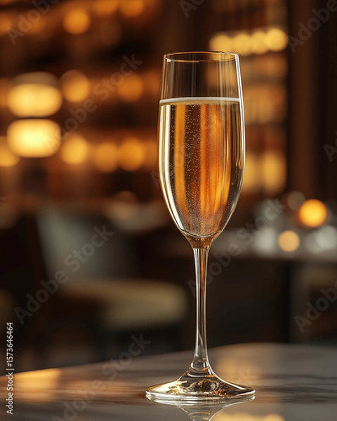 Obraz Glass of Champagne in Elegant Restaurant. A single glass of champagne placed on a marble table in a softly lit fine dining restaurant, creating a luxurious atmosphere.