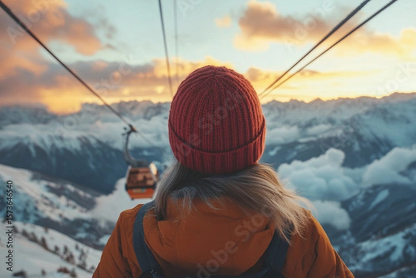 Obraz Rear View of Woman in Gondola at Sunset. A woman in a red beanie rides a gondola lift at sunset, overlooking snowy mountains and glowing clouds.