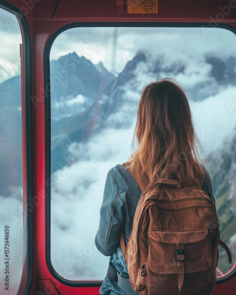 Obraz Woman with Backpack Looking Out Gondola Window. Young woman with a backpack gazes out from a red gondola cabin, admiring the misty mountain peaks and clouds below.

