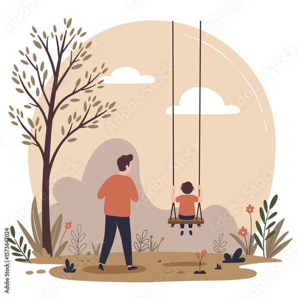 Fototapeta Father pushing child on swing in park surrounded by trees and flowers  