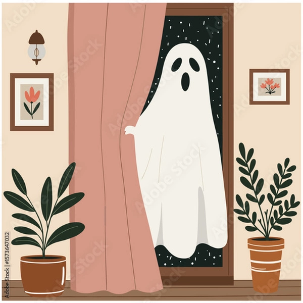 Fototapeta Ghost figure appearing behind curtain in cozy interior setting  