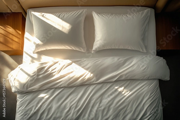 Obraz Minimalist Bed with White Bedding in Morning Light. Top view of a minimalist bed with clean white bedding, lit by soft morning sunlight coming through the window.
