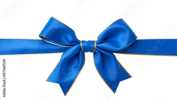 Fototapeta Elegant blue satin ribbon bow with gold trim on black background